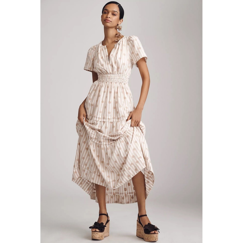 ANTHROPOLOGIE The Somerset Embroidered Floral Maxi Dress Stripes X-Small Petite